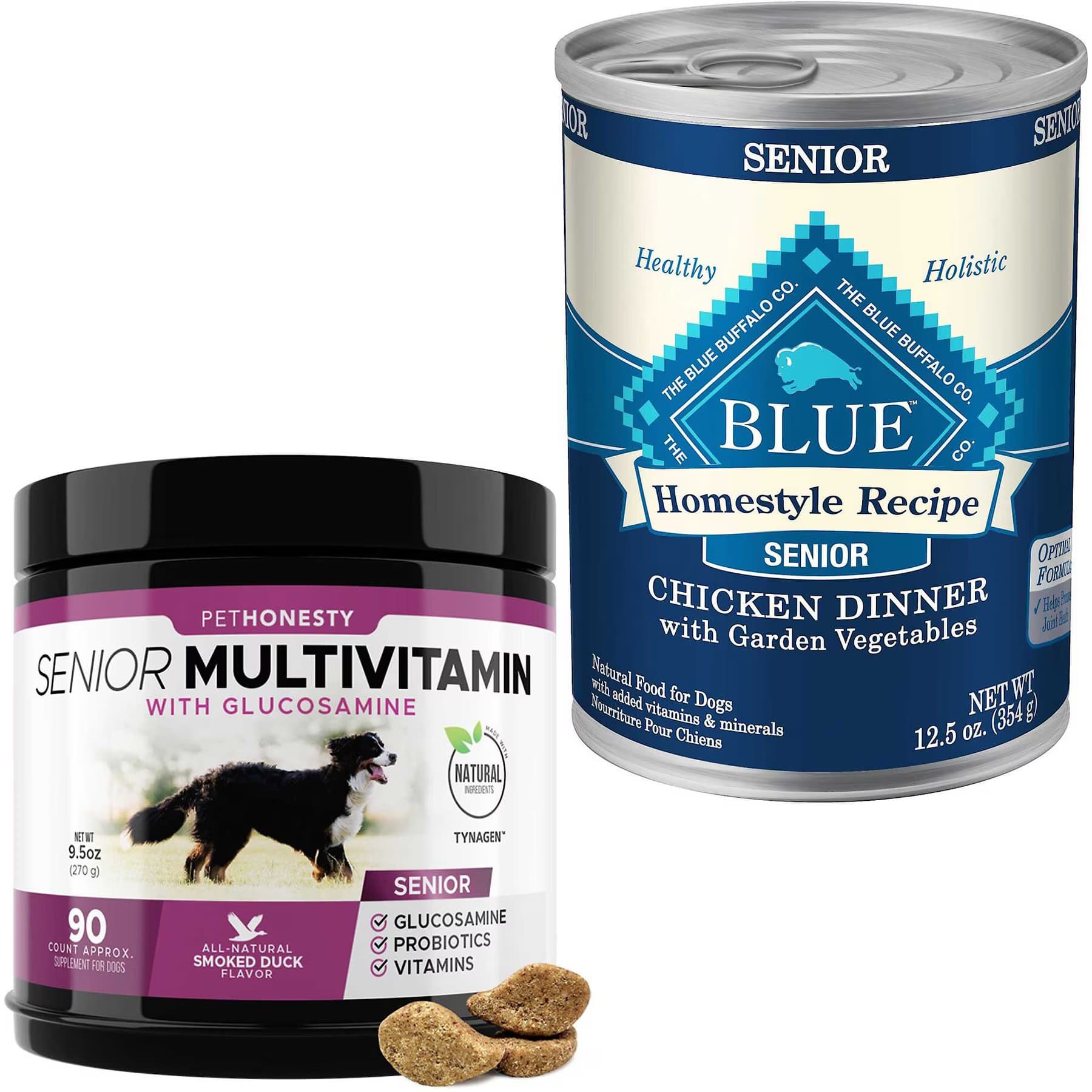 Pet Honesty||Blue Buffalo PetHonesty Duck Flavored Soft Chews Multivitamin for Senior Dogs + Blue Buffalo Homestyle Recipe Senior Chicken Dinner with Garden Vegetables Canned Food