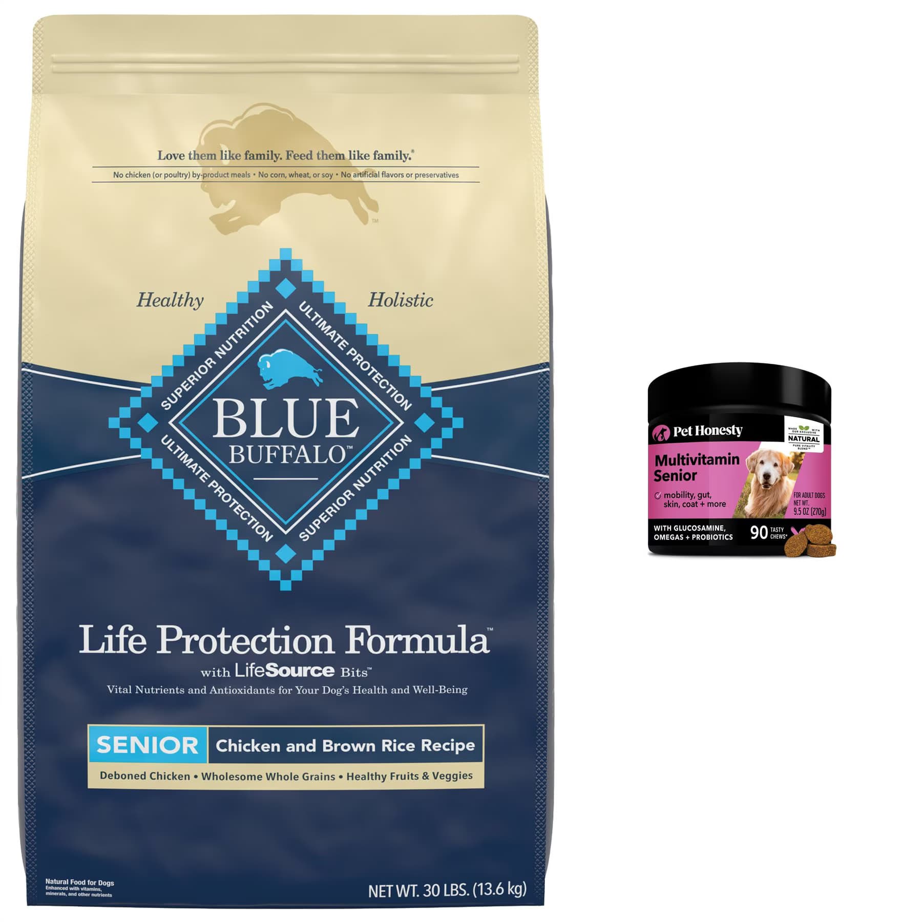Pet Honesty||Blue Buffalo PetHonesty Duck Flavored Soft Chews Multivitamin for Senior Dogs + Blue Buffalo Life Protection Formula Senior Chicken & Brown Rice Recipe Dry Food