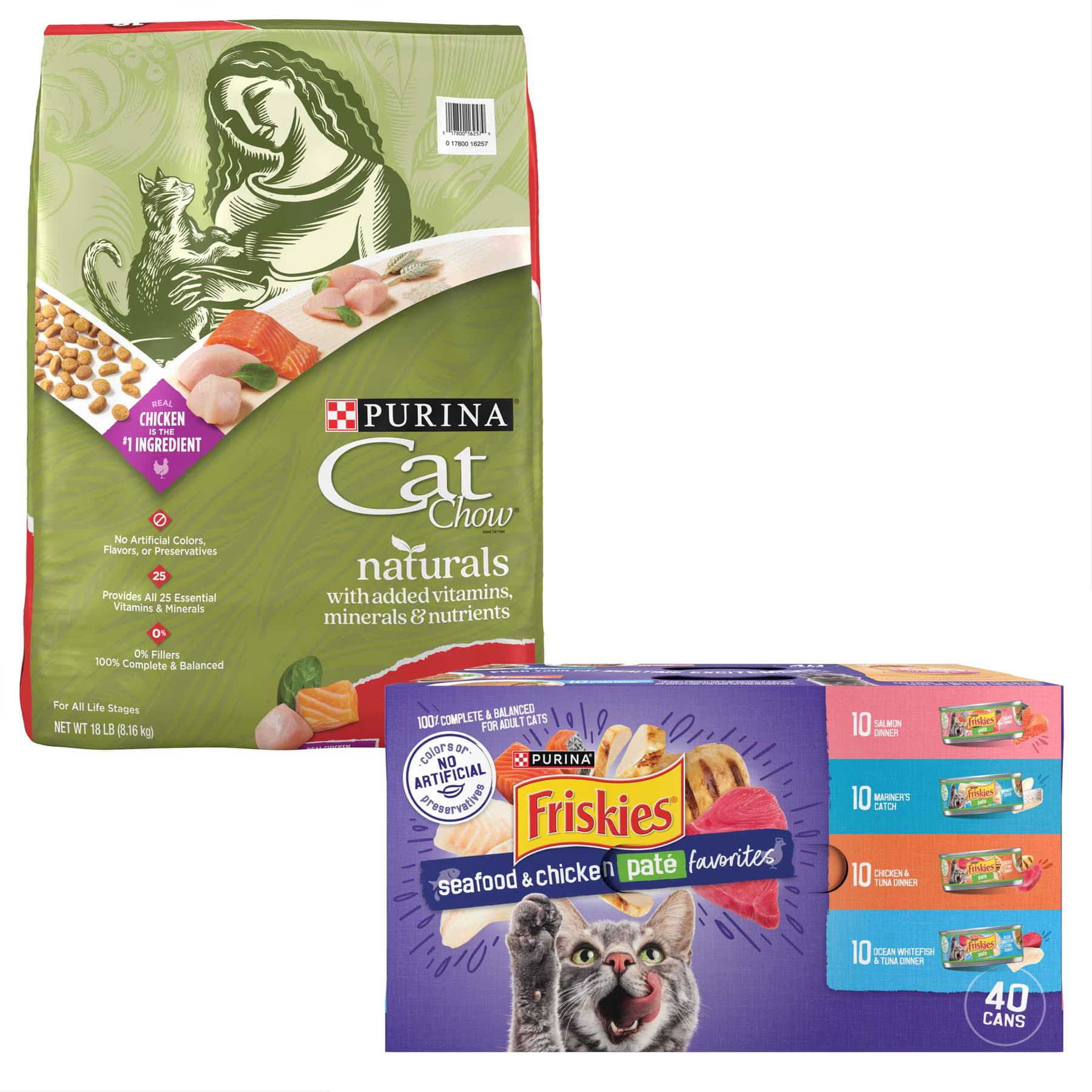 Friskies||Cat Chow Purina Friskies Seafood & Chicken Pate Favorites Variety Pack Wet Food + Cat Chow Naturals Original Dry Cat Food