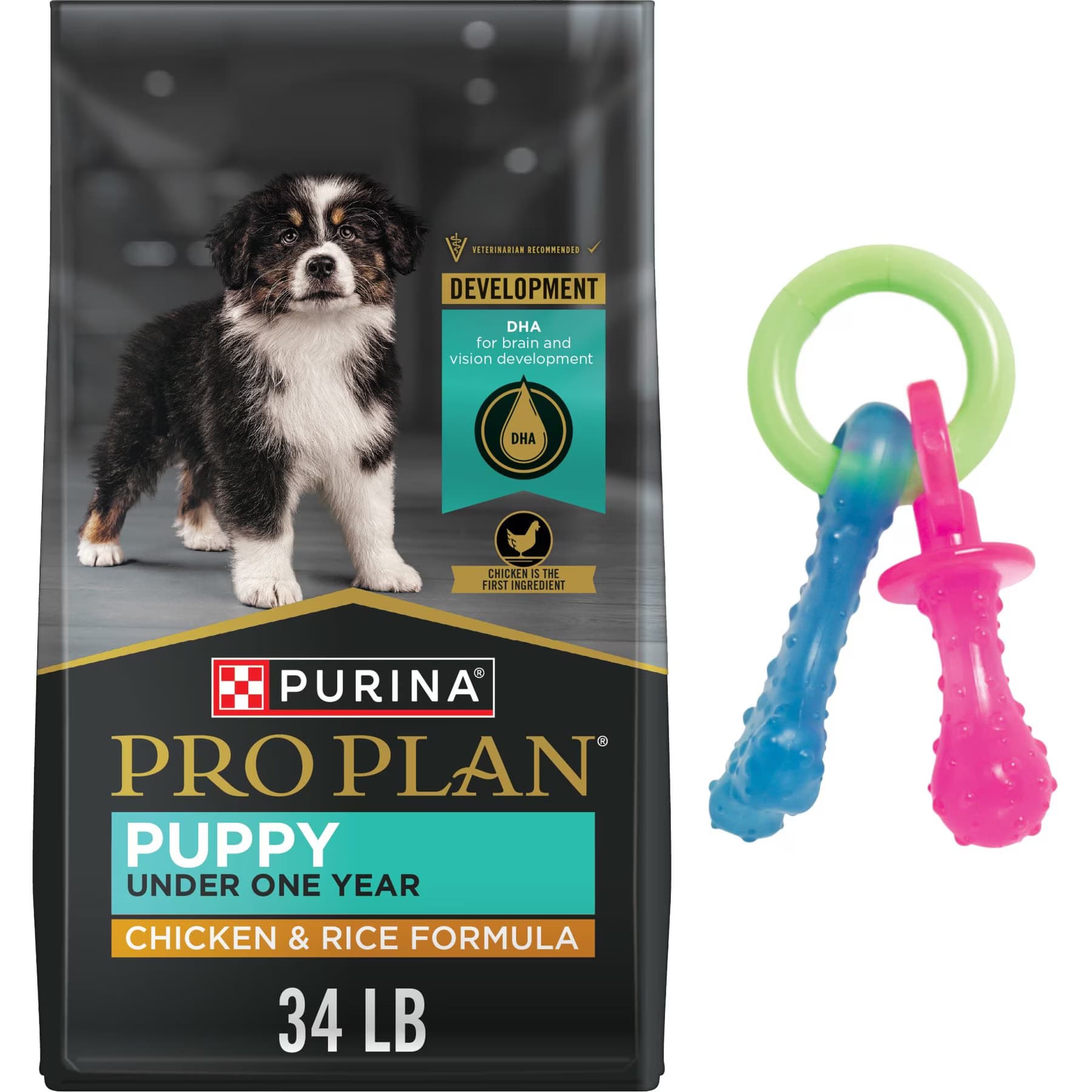 Nylabone||Purina Pro Plan Purina Pro Plan Puppy Chicken & Rice Formula Dry Dog Food + Nylabone Teething Pacifier Chew Toy