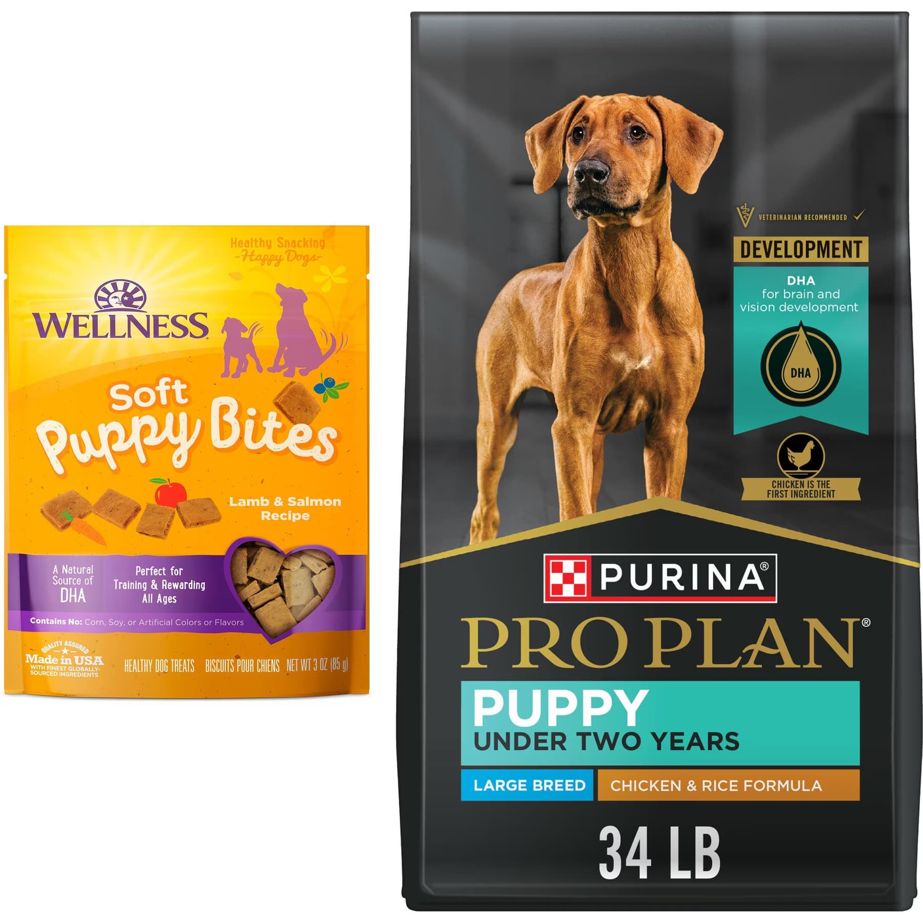 Wellness||Purina Pro Plan Purina Pro Plan Puppy Large Breed Chicken & Rice Formula with Probiotics Dry Food + Wellness Soft Puppy Bites Lamb & Salmon Recipe Grain-Free Dog Treats