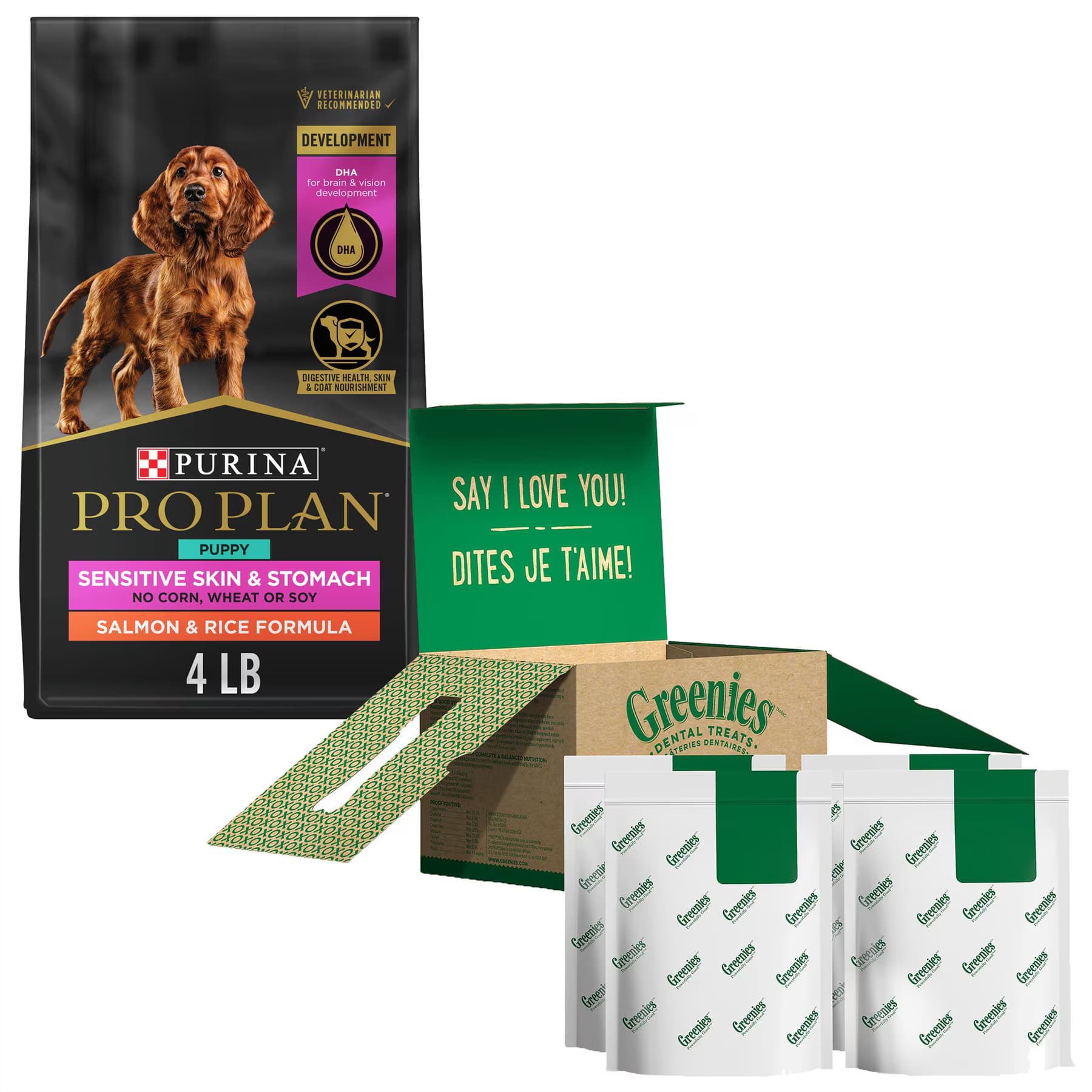 Greenies||Purina Pro Plan Purina Pro Plan Puppy Sensitive Skin & Stomach Salmon & Rice Dry Food + Greenies Regular Dental Dog Treats