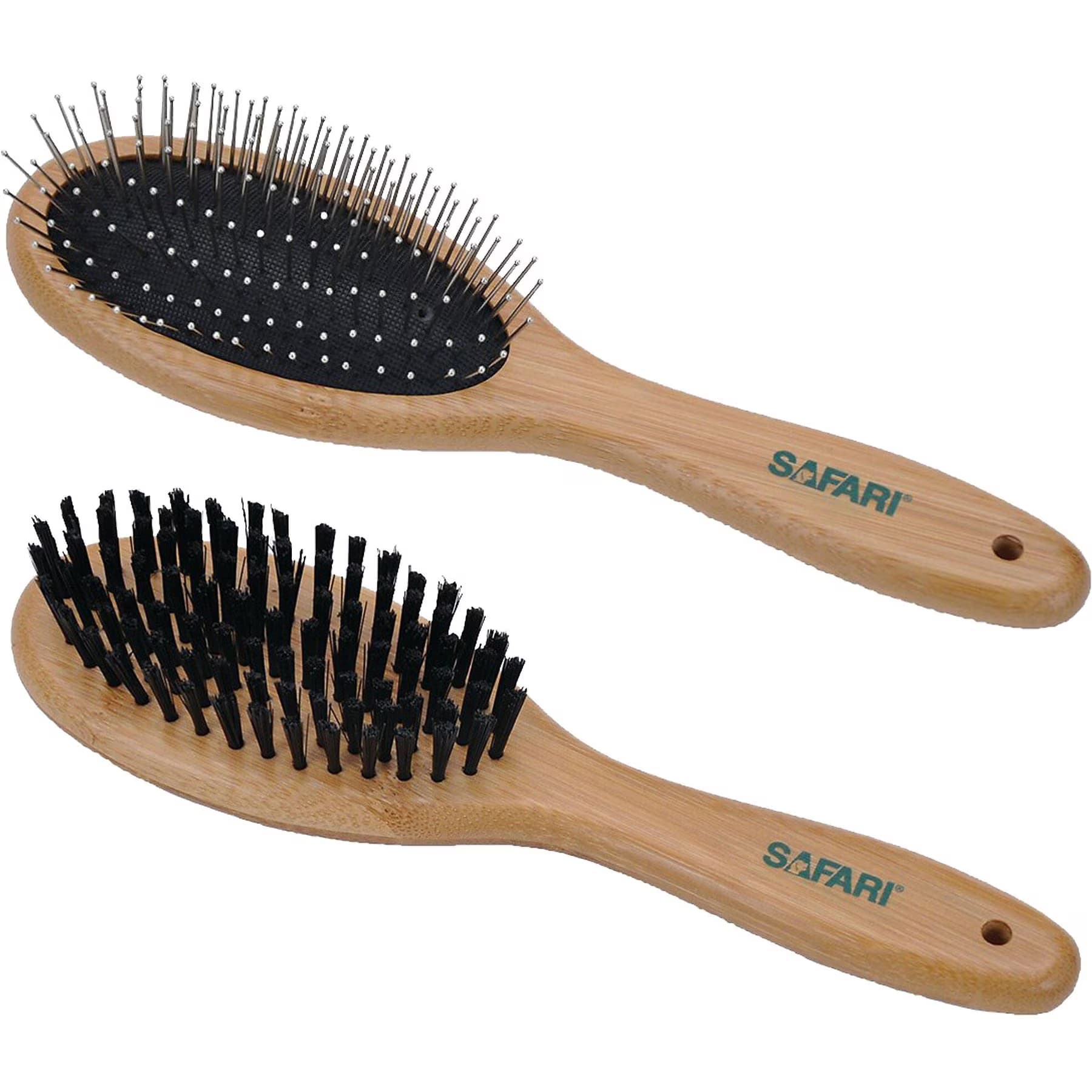 Safari Safari Wire Pin Bamboo Handle Brush, Large + Bamboo Bristle Dog Brush, Medium-Large