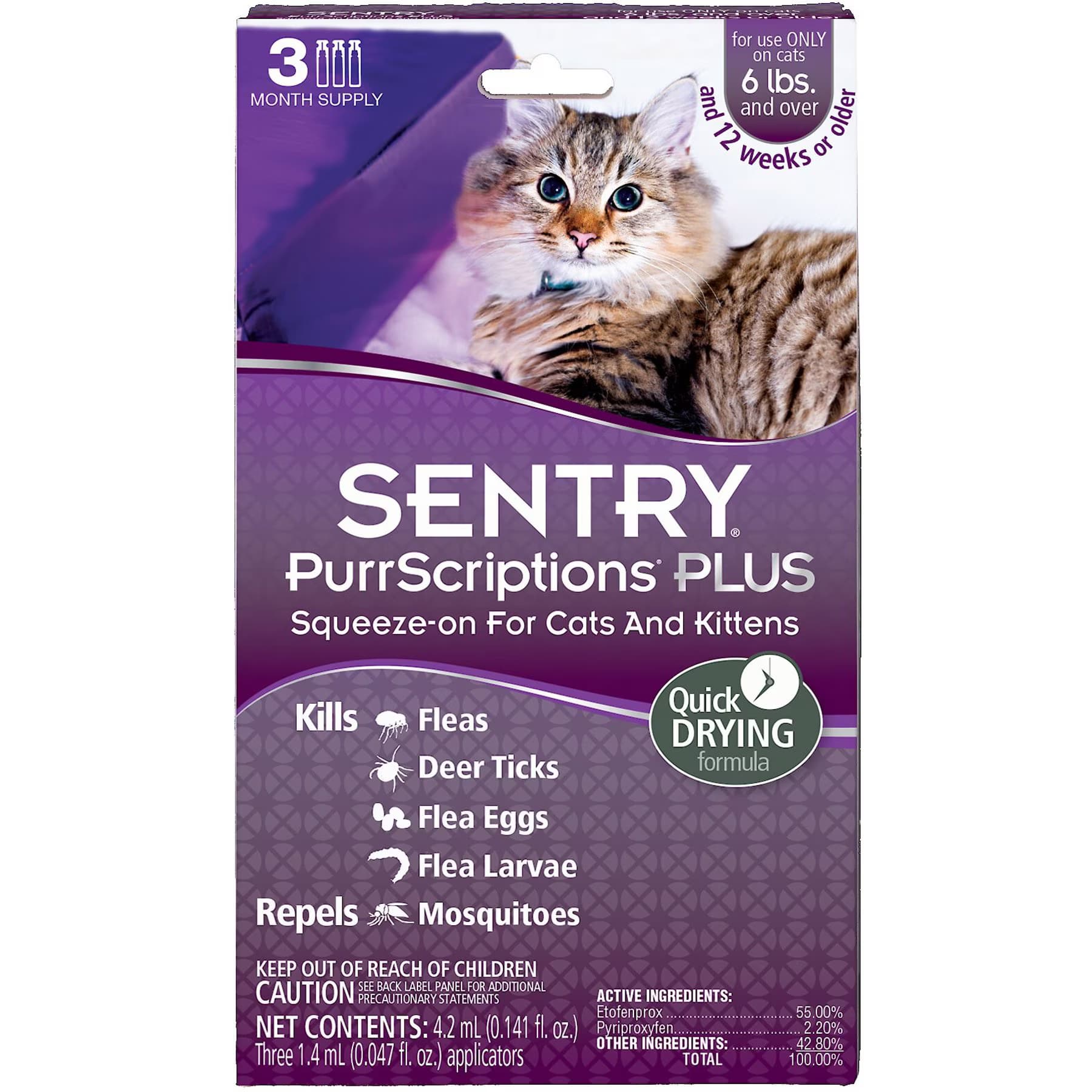 Sentry Sentry PurrScriptions Flea & Tick Spot Treatment for Cats, over 6 lbs, 3 Doses (3-mos. supply)