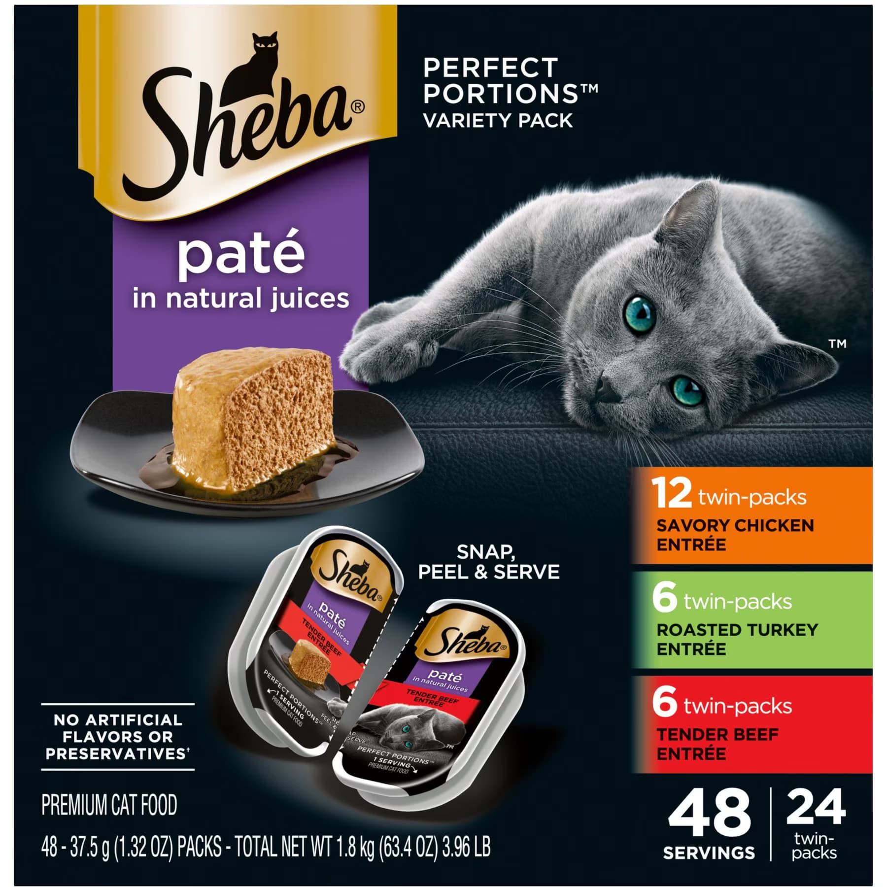 Sheba Perfect Portions Grain-Free Savory Chicken, Roasted Turkey & Tender Beef Pate Variety Pack Adult Variety Pack: Beef & Poultry Wet Cat Food Trays — view 2