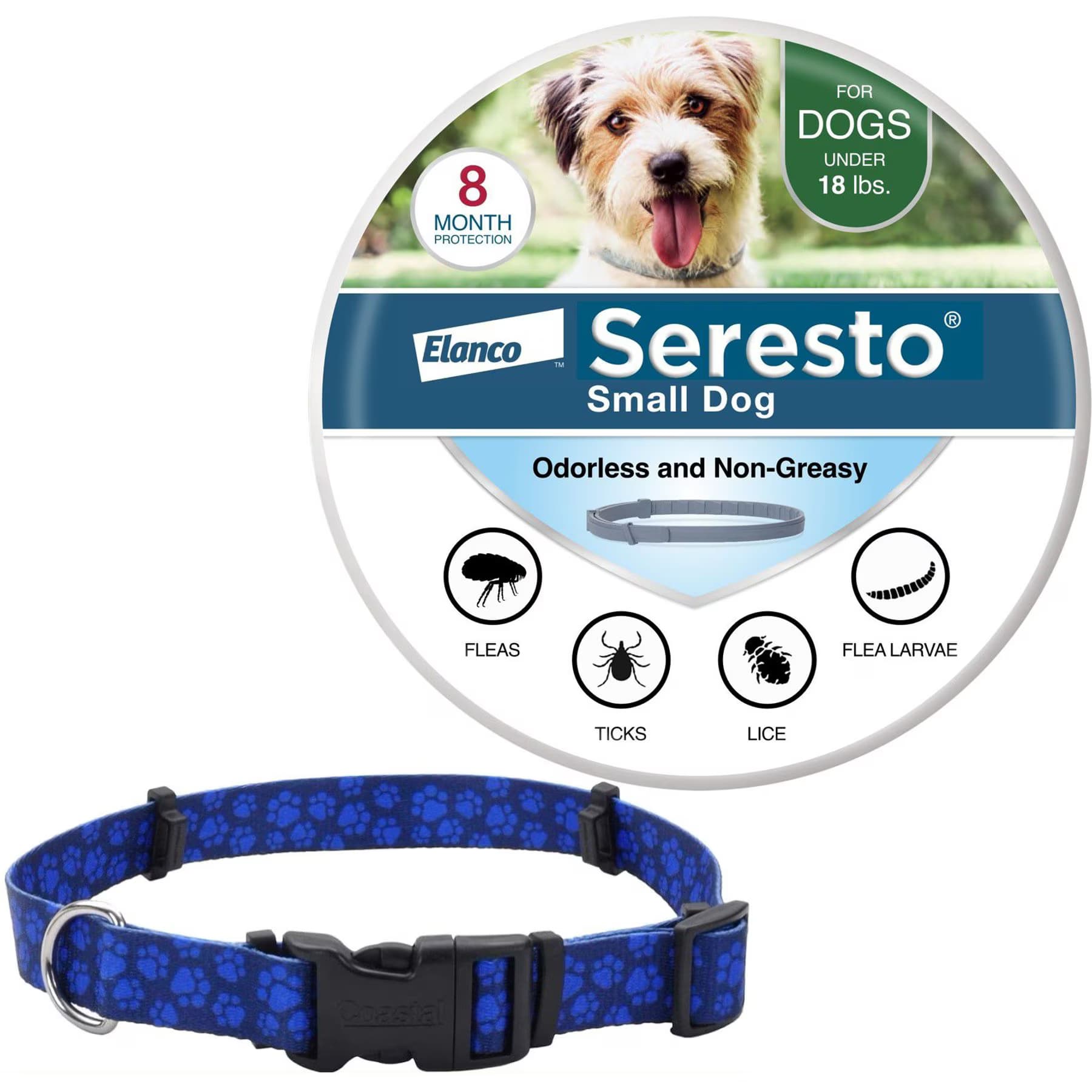 SecureAway||Seresto Small Seresto Flea & Tick Collar for Dogs + SecureAway Flea Collar Protector, Blue Paws, X-Small