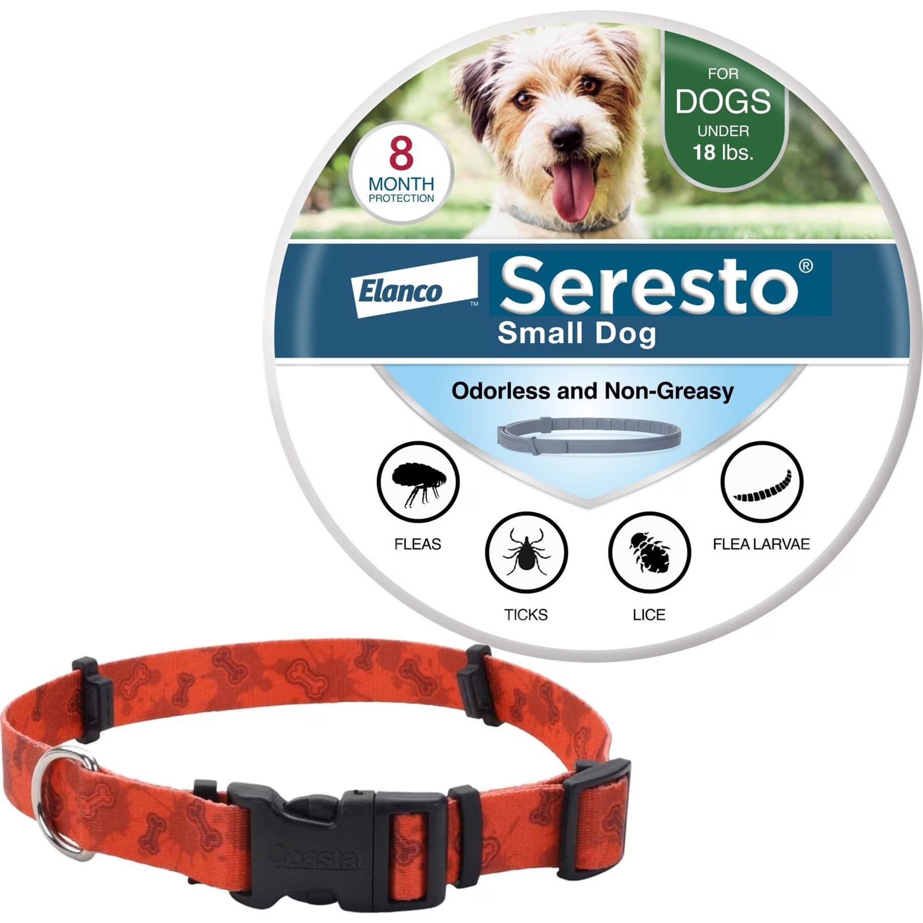 SecureAway||Seresto Small Seresto Flea & Tick Collar for Dogs + SecureAway Flea Collar Protector, Red Bones, X-Small