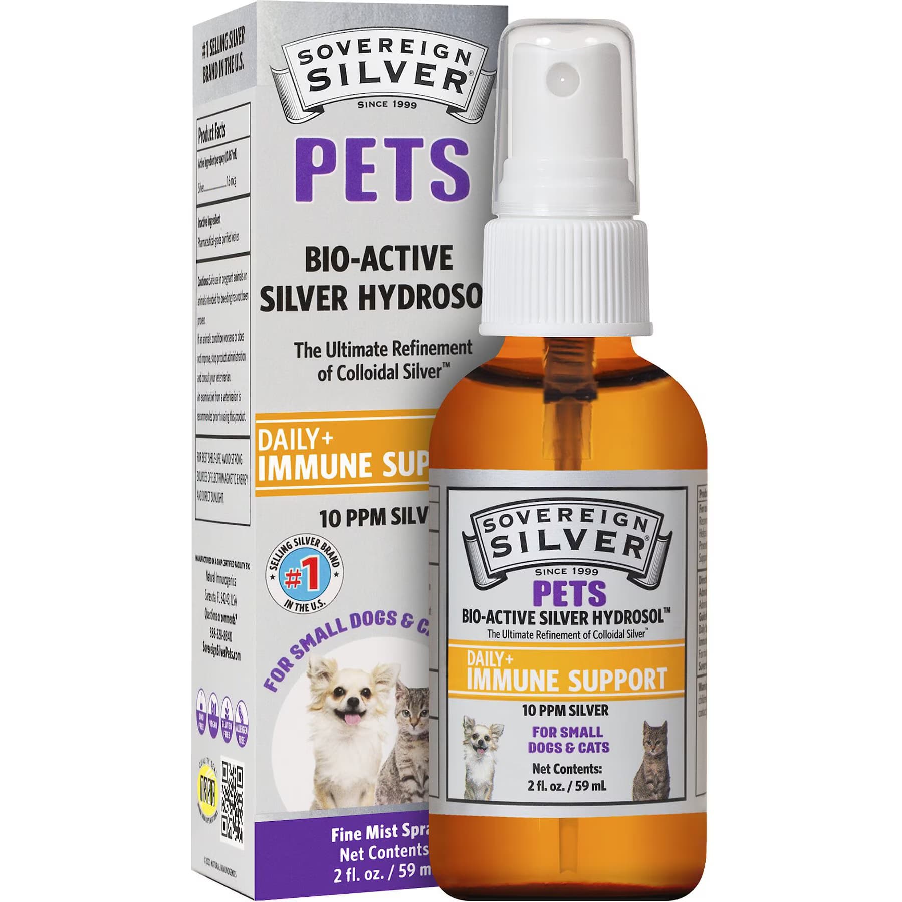 Sovereign Silver Pets Sovereign Silver Pets Daily+ Immune Support Bio-Active Silver Hydrosol Small Dog & Cat Supplement, 2-fl oz bottle