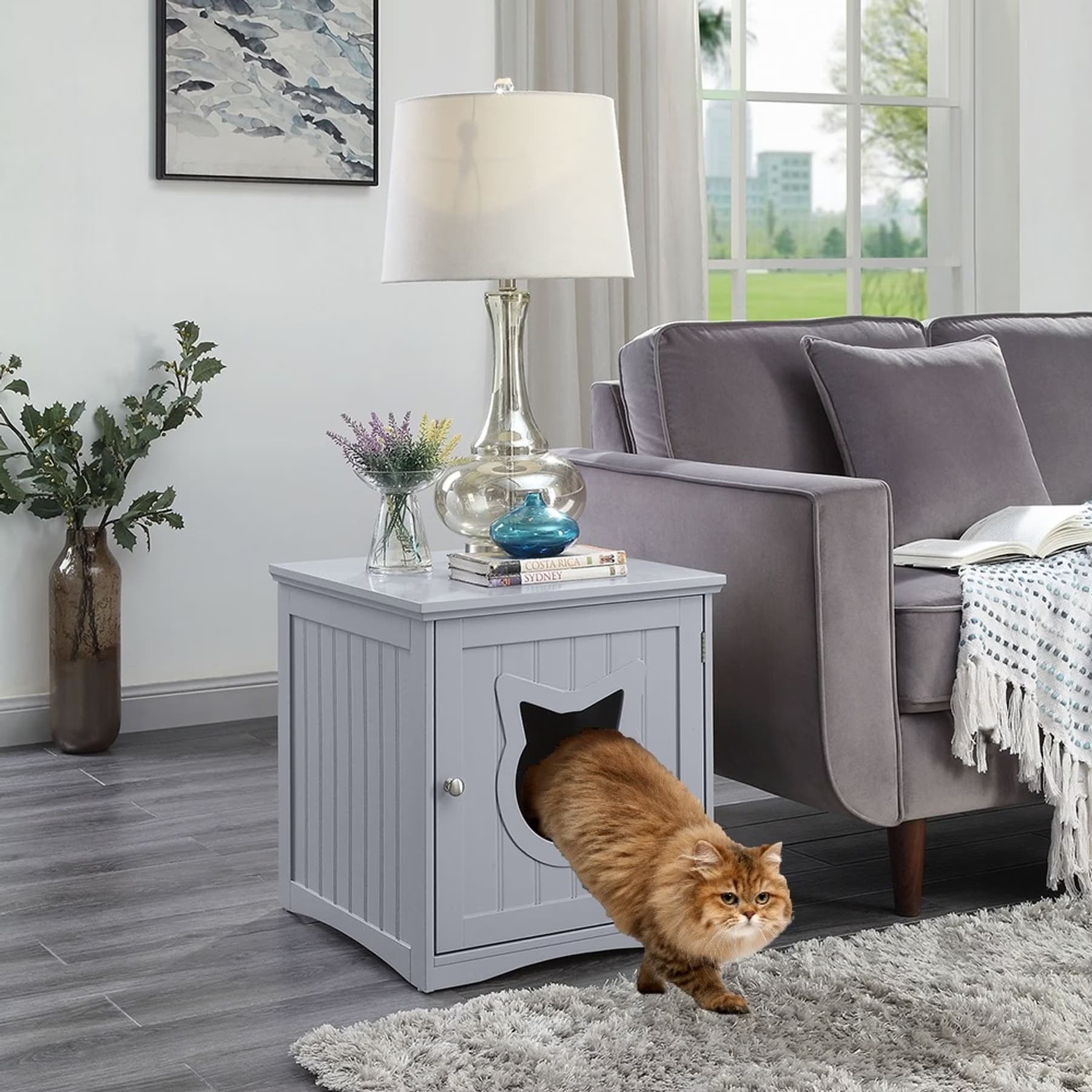 Sweet Barks Sweet Barks Wooden Side Table Cat Litter Box Enclosure, Grey