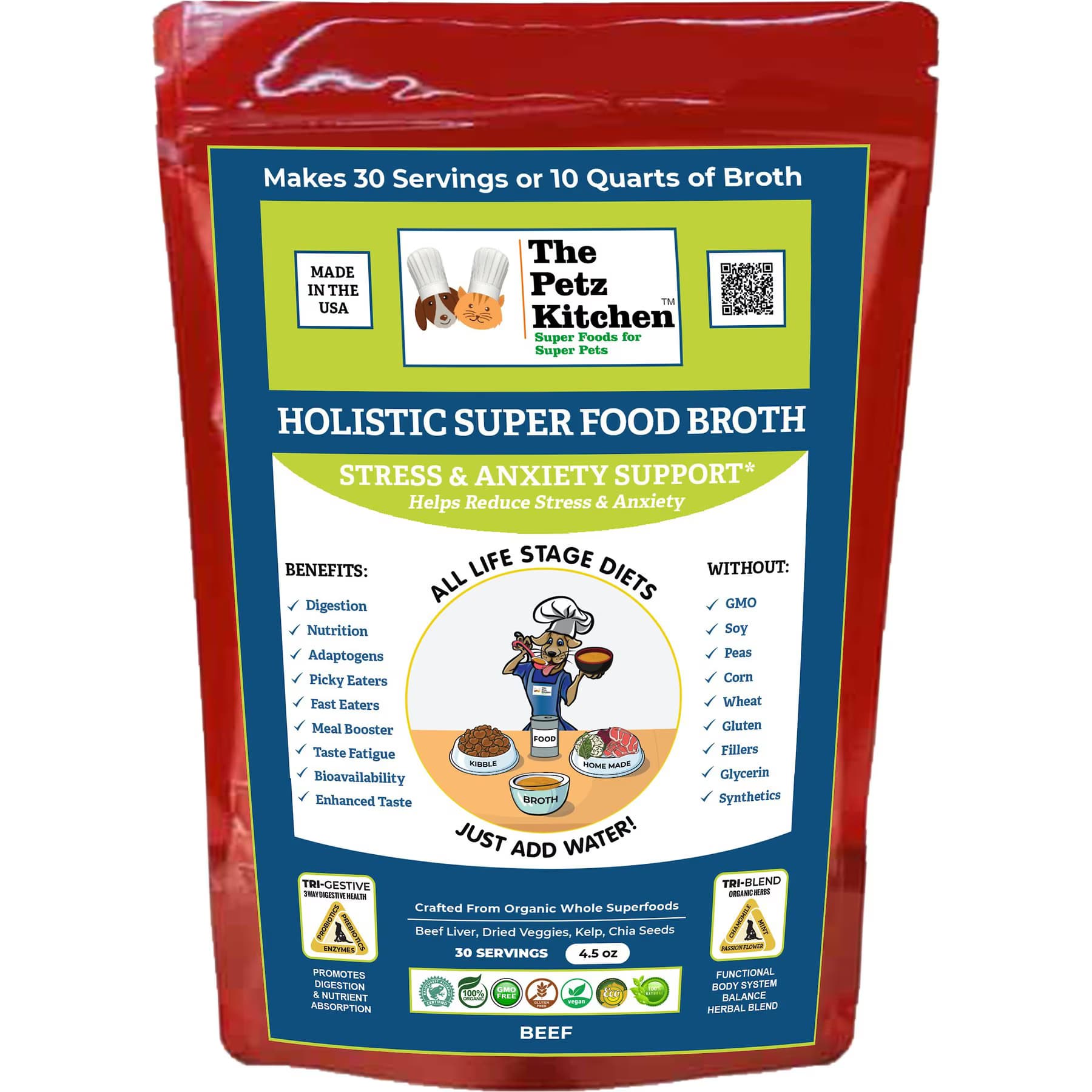 The Petz Kitchen The Petz Kitchen Holistic Super Food Broth Anxiety Support Beef Flavor Concentrate Powder Dog & Cat Supplement