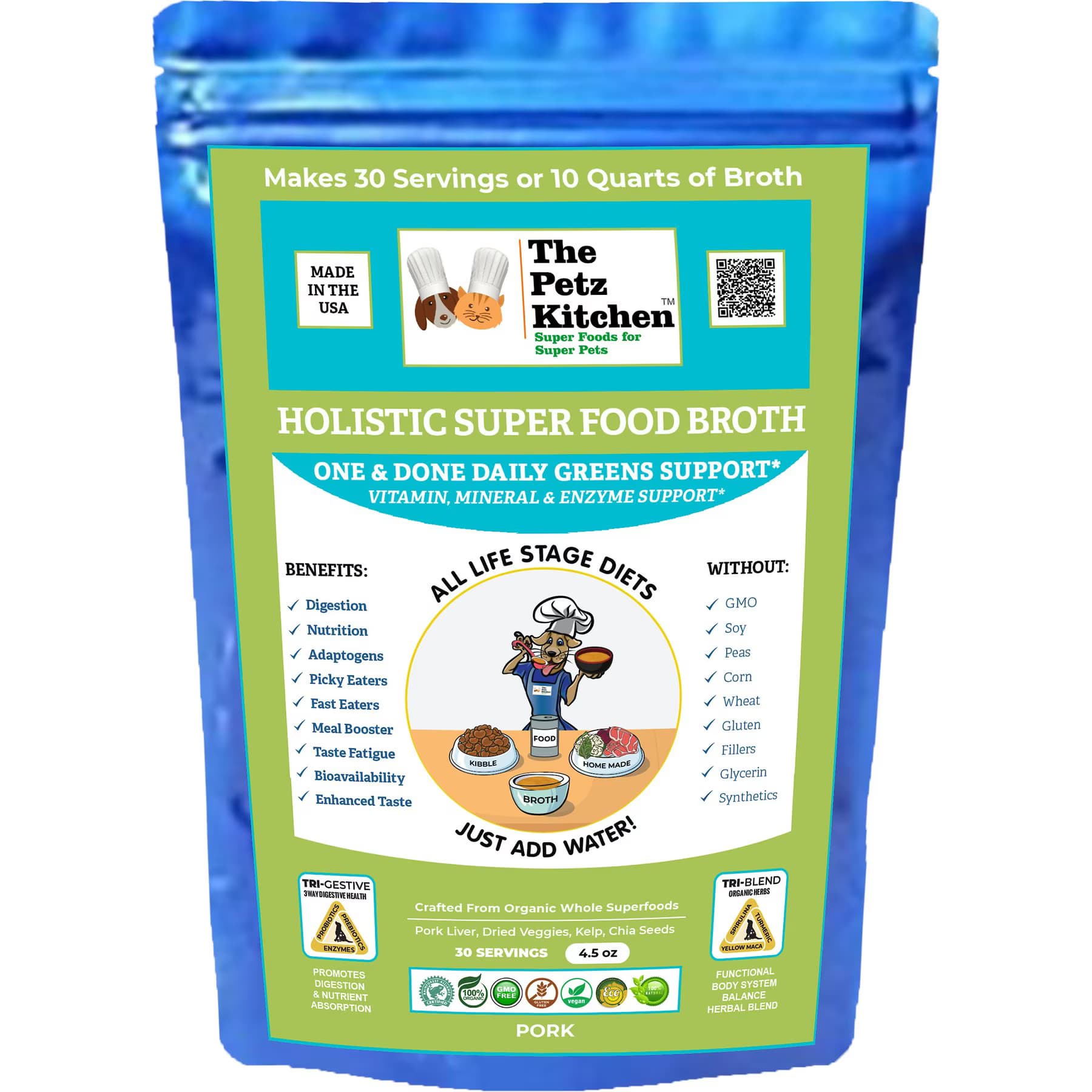 The Petz Kitchen The Petz Kitchen Holistic Super Food Broth One & Done Daily Greens Support Pork Flavor Concentrate Powder Dog & Cat Supplement