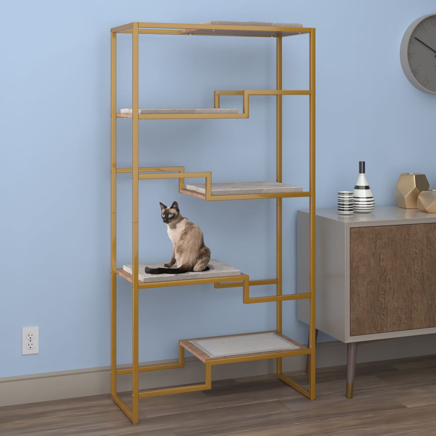 The Refined Feline The Refined Feline Metropolitan 62-in Faux-Fur Cat Tree & Condo, Gold with Walnut
