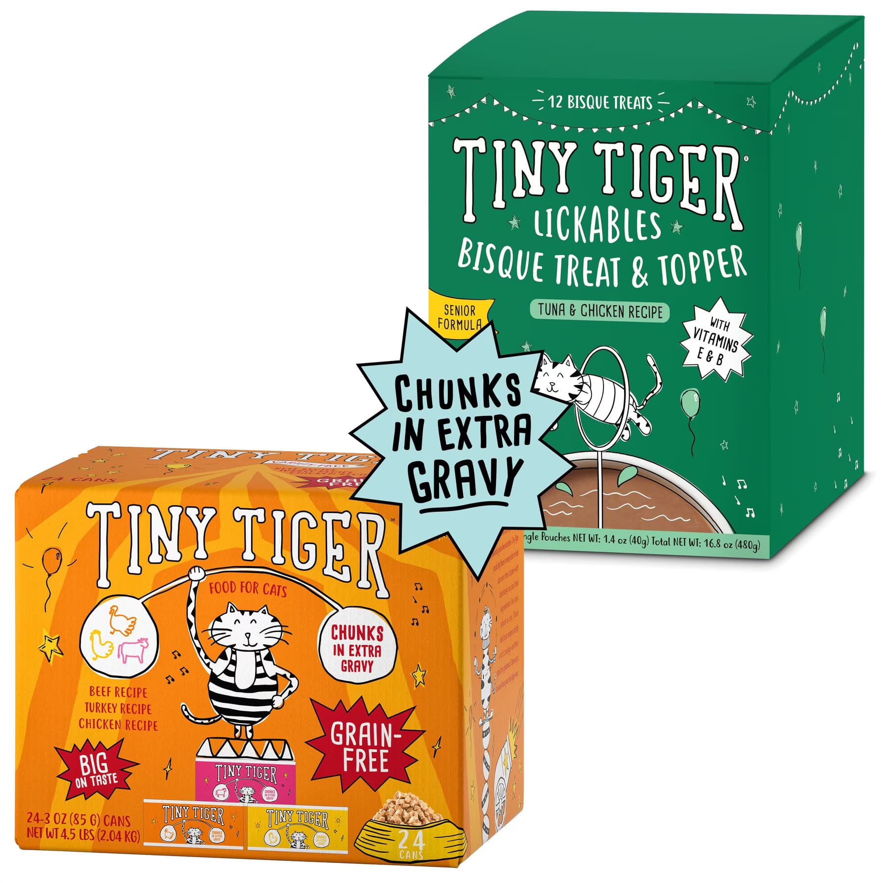 Tiny Tiger Tiny Tiger Chunks in EXTRA Gravy Beef & Poultry Variety Pack Canned Food + Lickables Senior Formula Tuna & Chicken Recipe Bisque Cat Treat & Topper