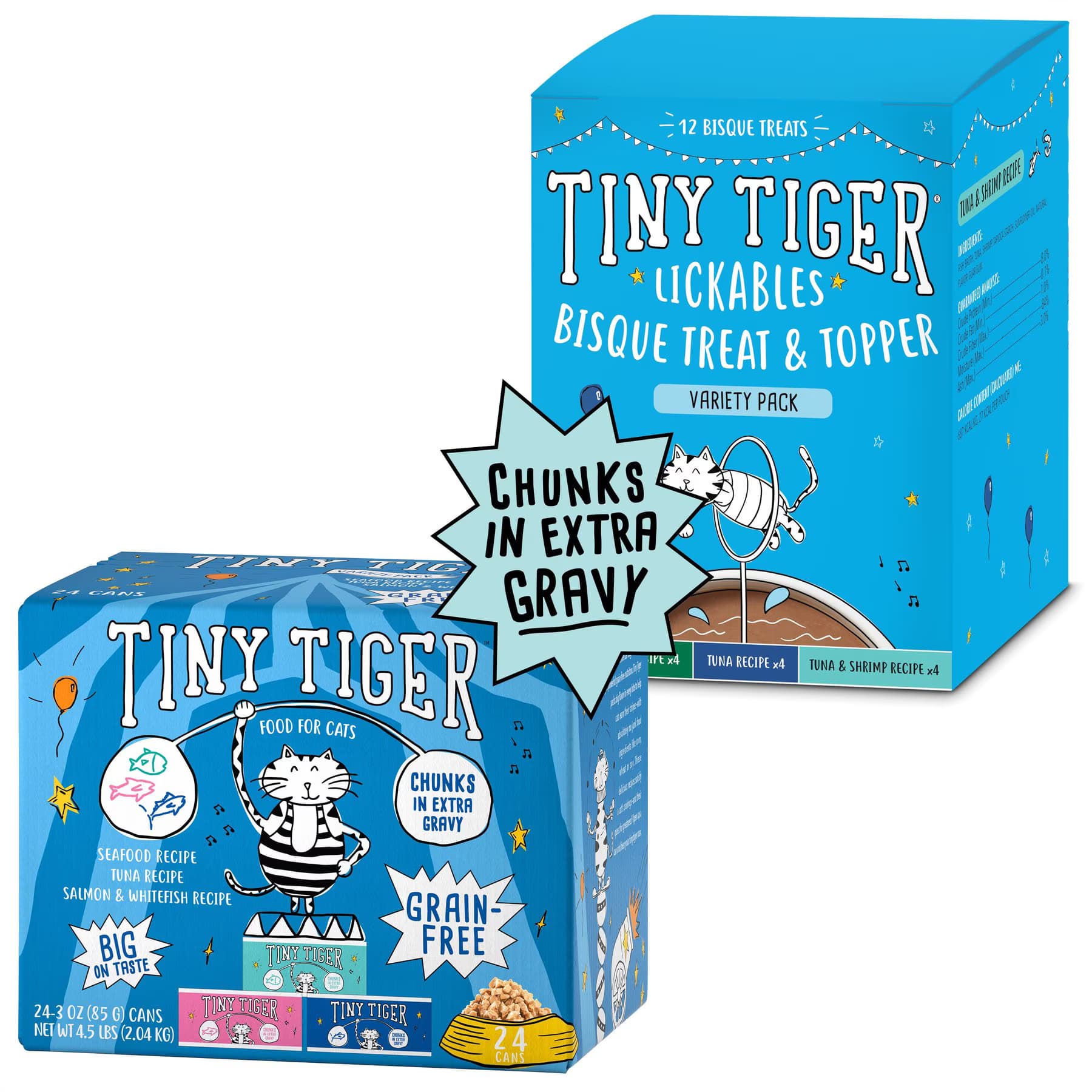 Tiny Tiger Tiny Tiger Chunks in EXTRA Gravy Seafood Variety Pack Canned Food + Lickables Variety Pack Bisque Cat Treat & Topper