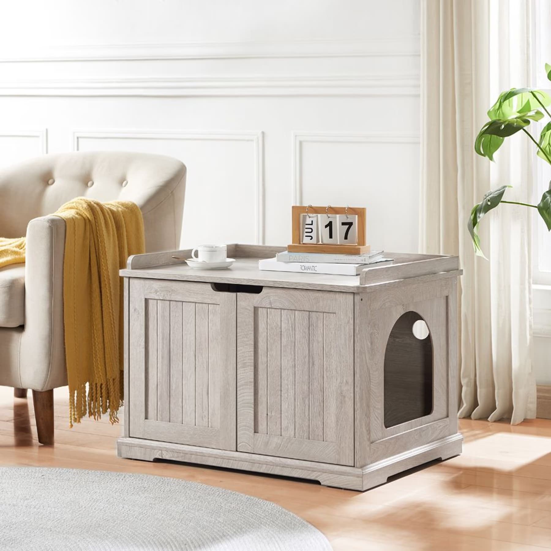 Unipaws Unipaws Furniture Enclosure Decorative Storage Bench Cat Litter Box, Weathered Grey