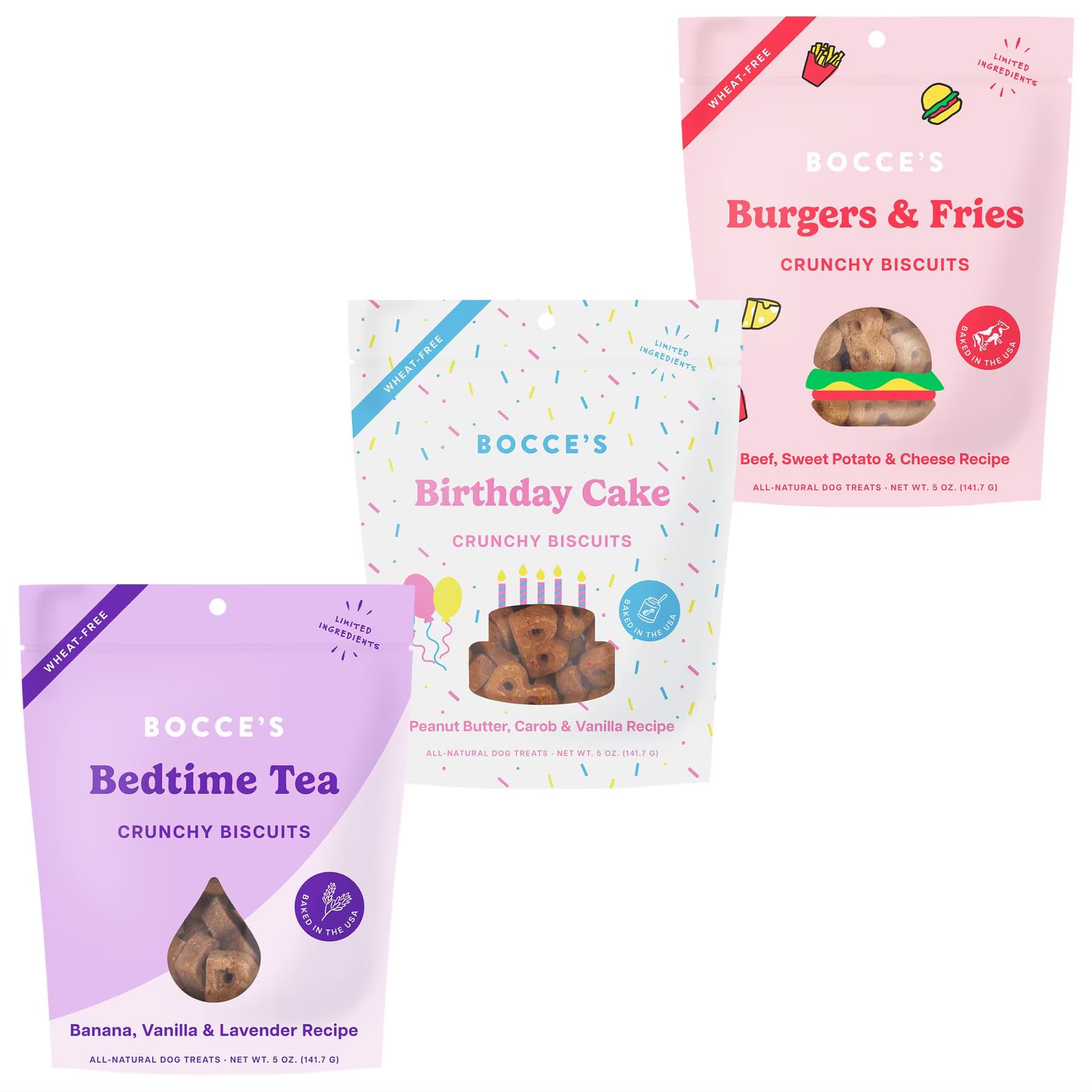 Bocce's Bakery Variety Pack – Bocce’s Bakery Bedtime Tea Banana, Vanilla & Lavender Dog Treats, Peanut Butter, Molasses & Vanilla Cake & Burgers & Fries Beef, Sweet Potatoes & Cheese Flavors
