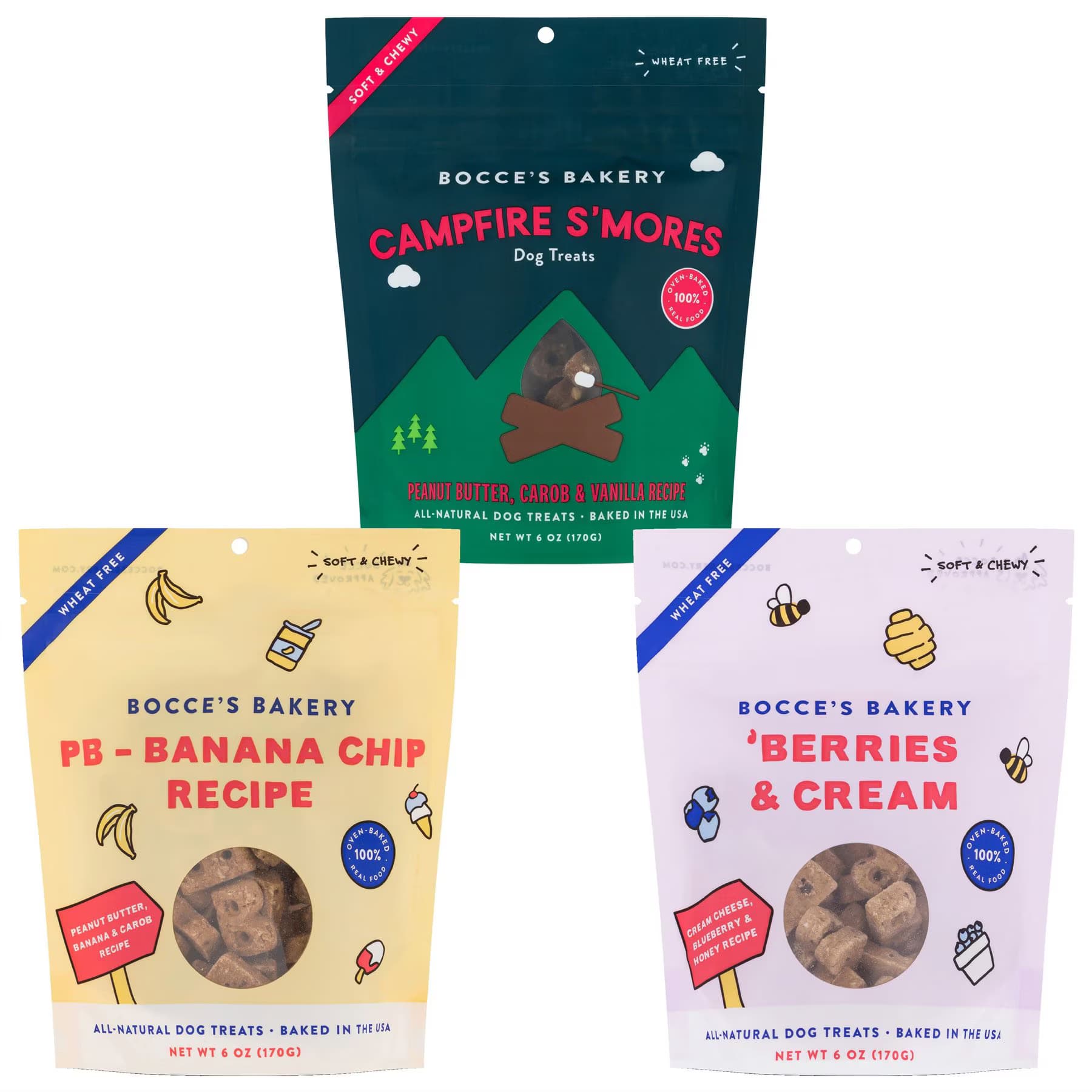 Bocce's Bakery Variety Pack – Bocce’s Bakery Campfire S’mores Peanut Butter, Carob & Vanilla Recipe Dog Treats, PB-Banana Chip & Berries & Cream Flavors