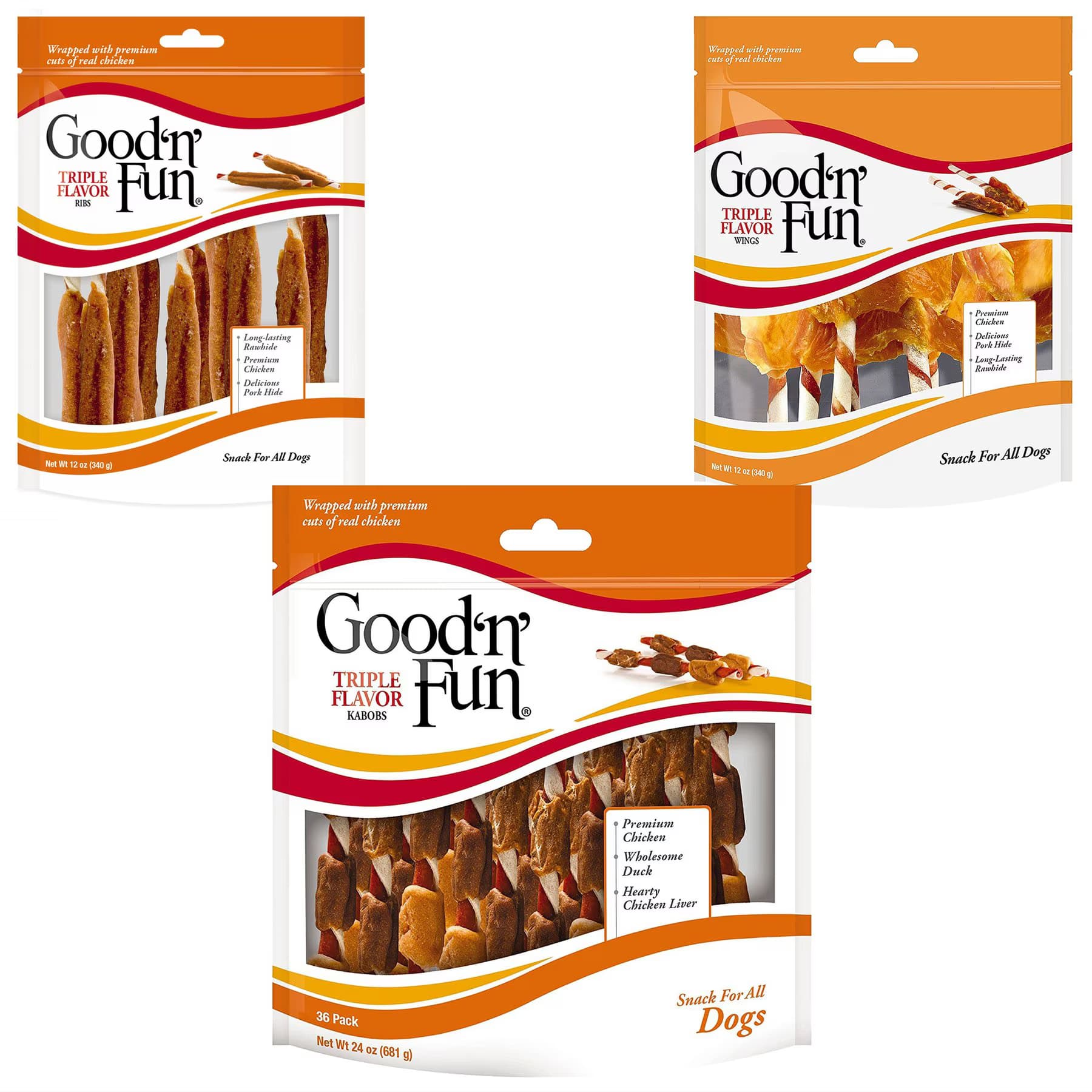 Good 'n' Fun Variety Pack – Good ‘n’ Fun Triple Flavor Kabobs Chicken, Duck & Liver Dog Chews, Beef, Pork & Chicken & Beef, Pork & Chicken Sticks Flavors