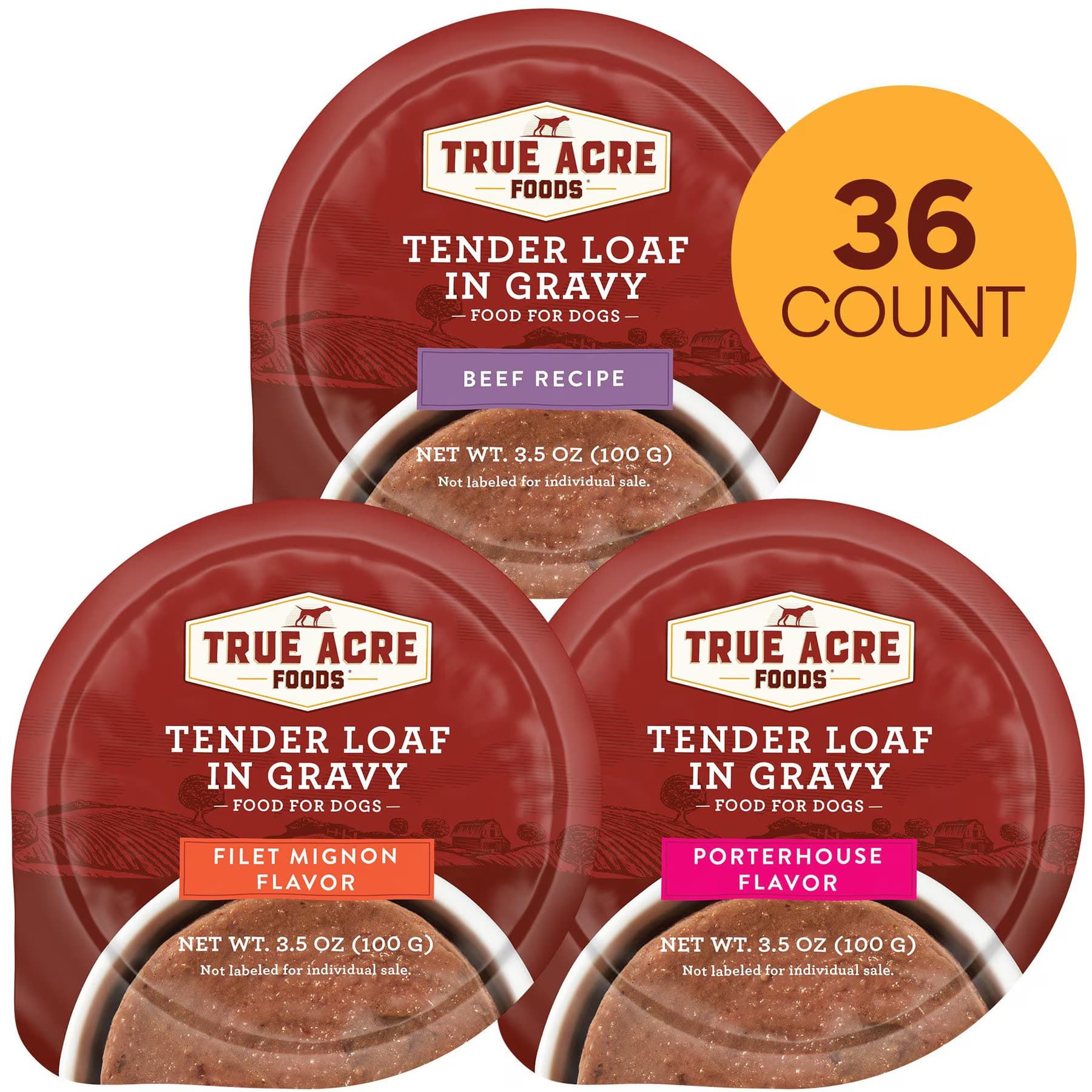 True Acre Foods Variety Pack – True Acre Foods Tender Loaf in Gravy Wet Dog Food Cups, Beef Recipe, Filet Mignon & Porterhouse Flavors, 3.5-oz