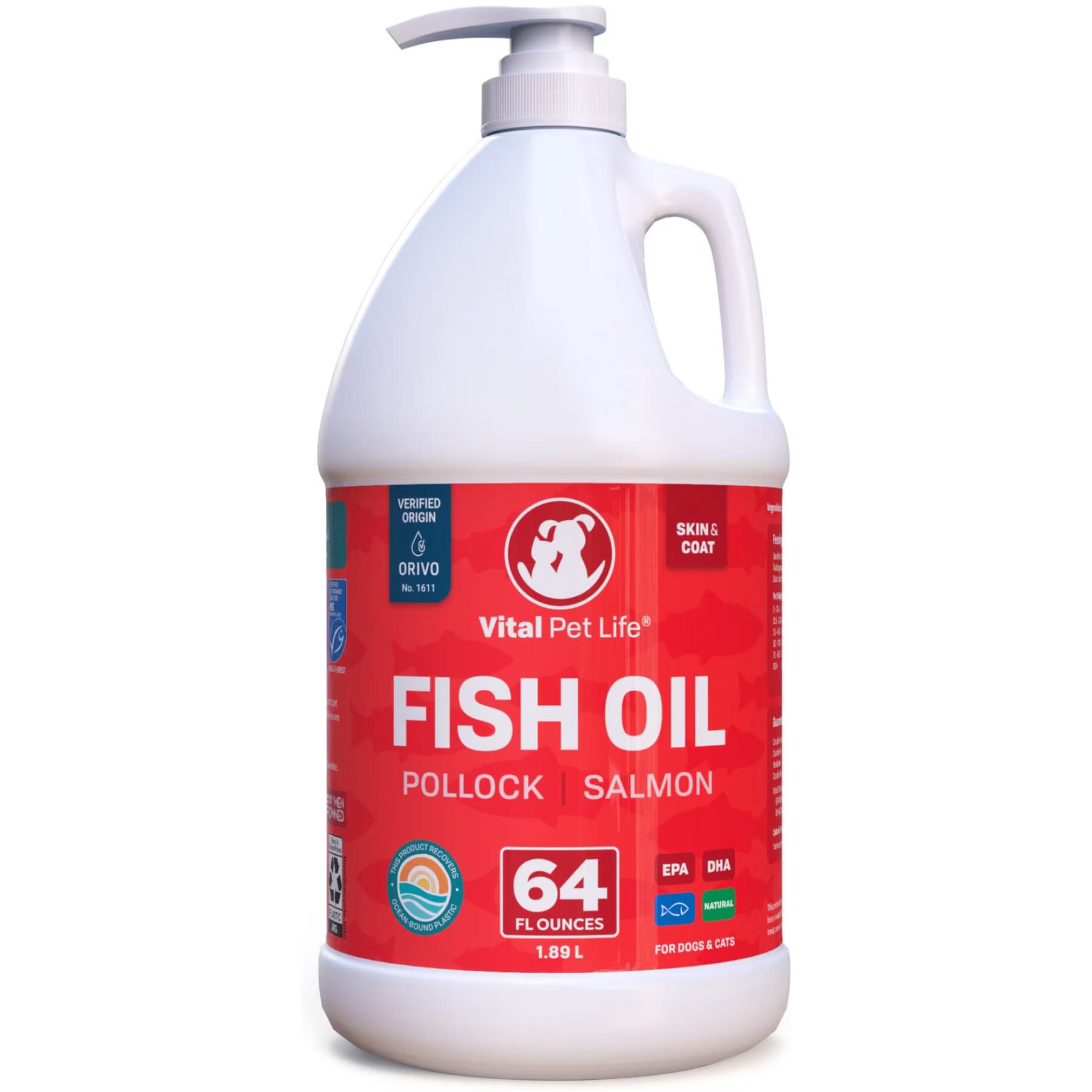 Vital Pet Life Vital Pet Life Fish Oil Skin & Coat Health Pollock Salmon Liquid Omega-3 Supplement for Dogs & Cats, 64-fl oz bottle