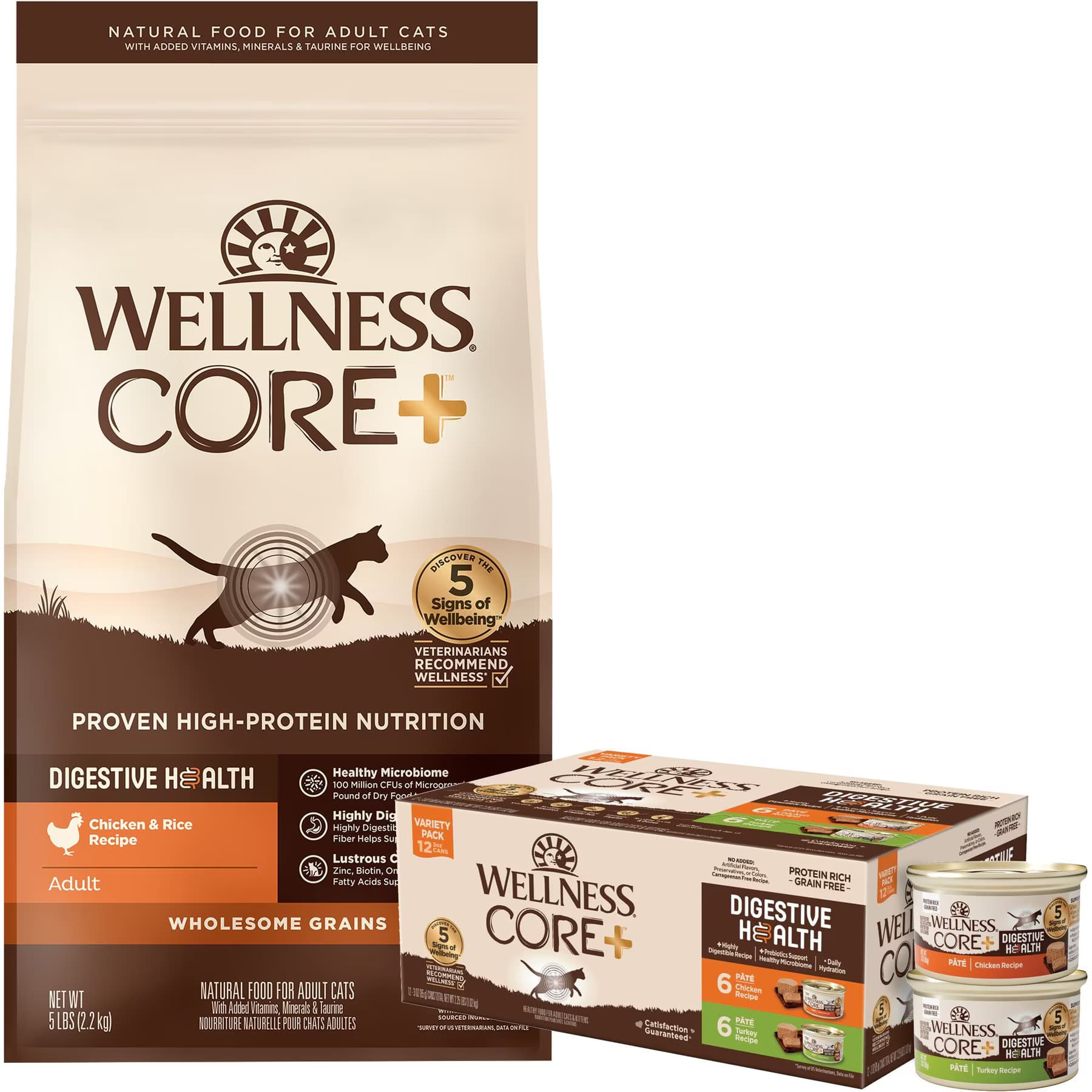 Wellness Wellness CORE Digestive Health Chicken & Turkey Pate Variety Pack Wet Food + Wholesome Grains Chicken & Rice Recipe Dry Cat Food
