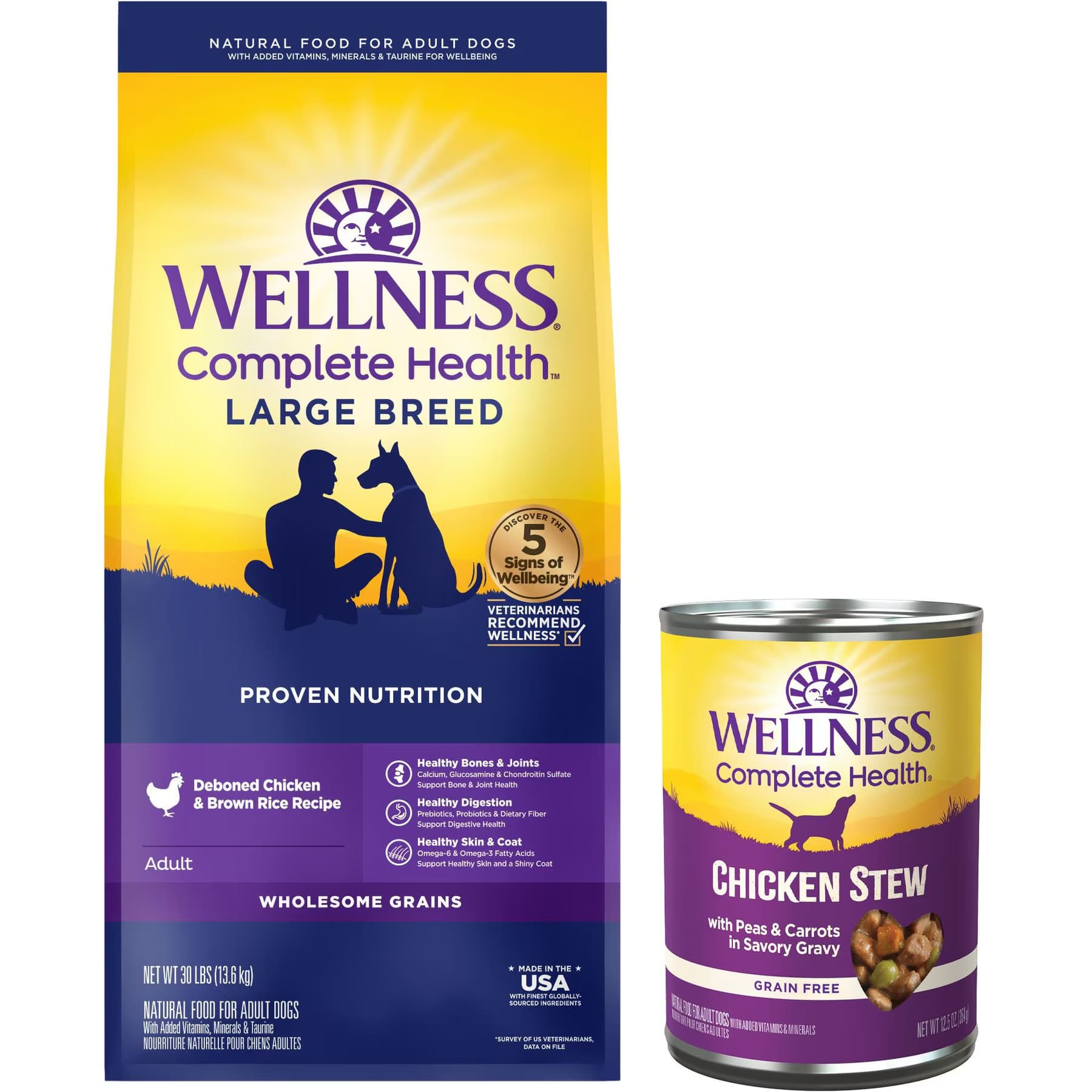 Wellness Wellness Large Breed Complete Health Adult Deboned Chicken & Brown Rice Recipe Dry Dog Food + Chicken Stew with Peas & Carrots Grain-Free Canned Food