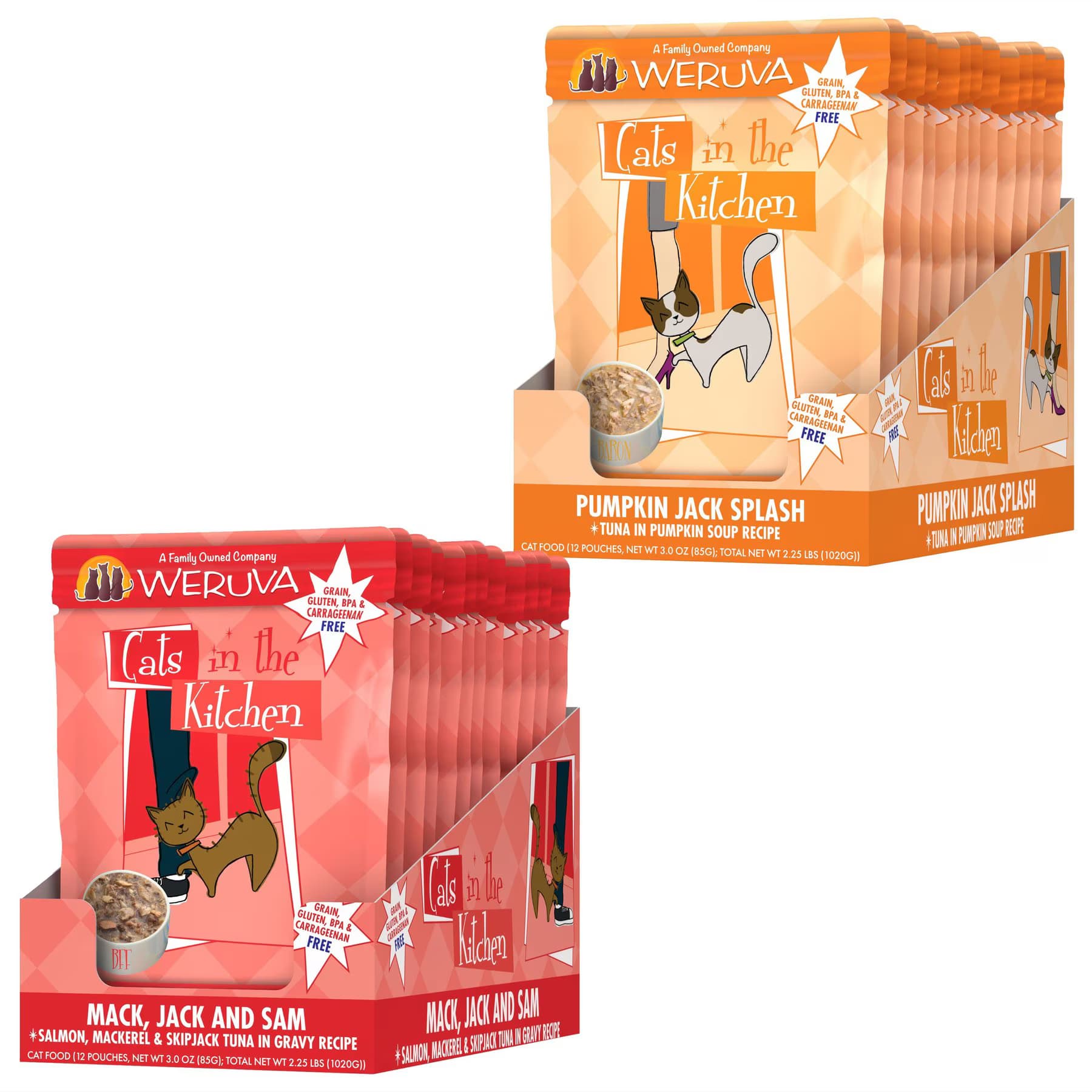 Weruva Weruva Cats in the Kitchen Mack, Jack & Sam Salmon, Mackerel & Tuna Recipe + Cats in the Kitchen Pumpkin Jack Splash Tuna in Pumpkin Soup Cat Food Pouches