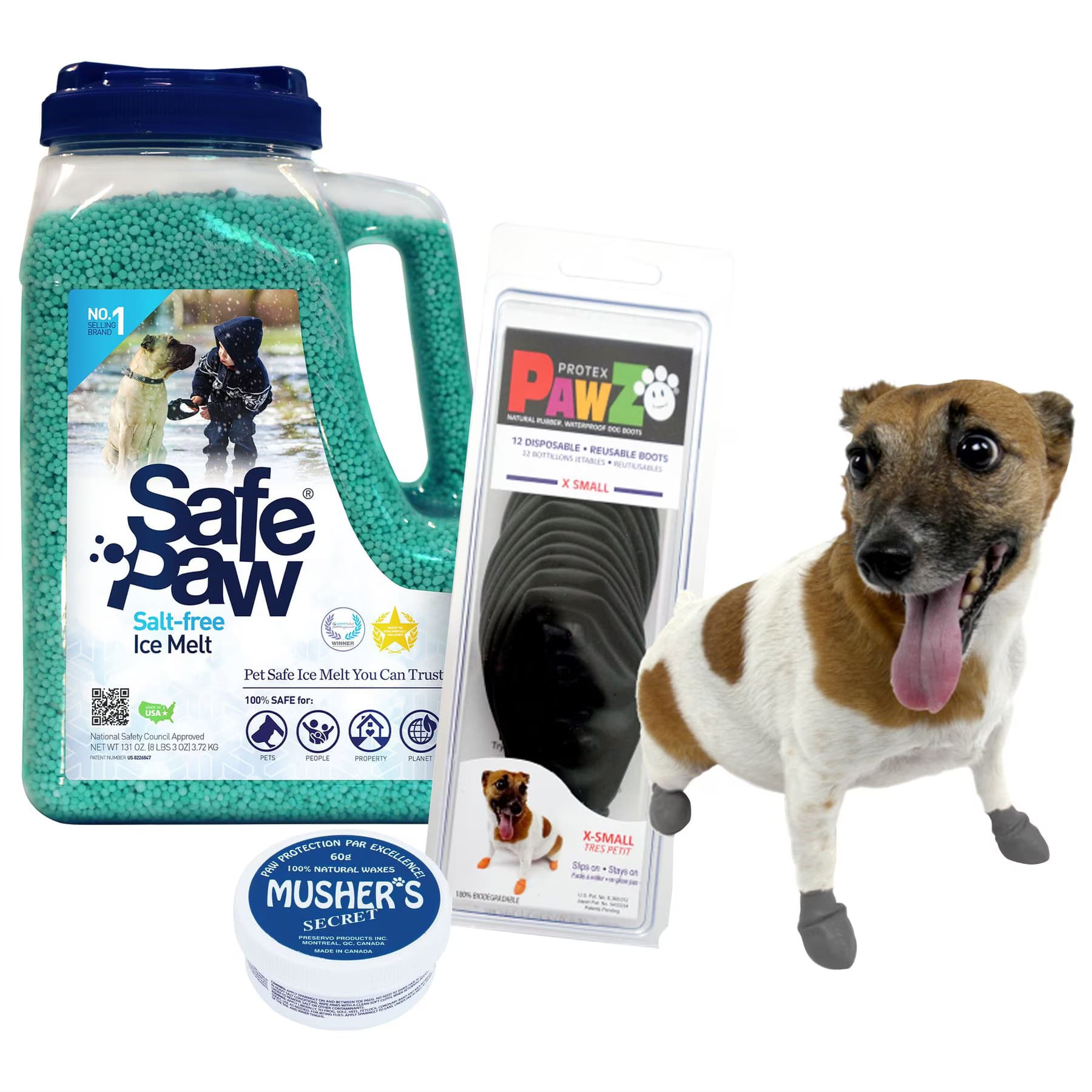 Pawz||Musher's Secret||Safe Paw Winter Paw Protection Starter Kit – Safe Paw Ice Melt, Musher’s Secret Paw Protection Wax, Pawz Dog Boots, X-Small