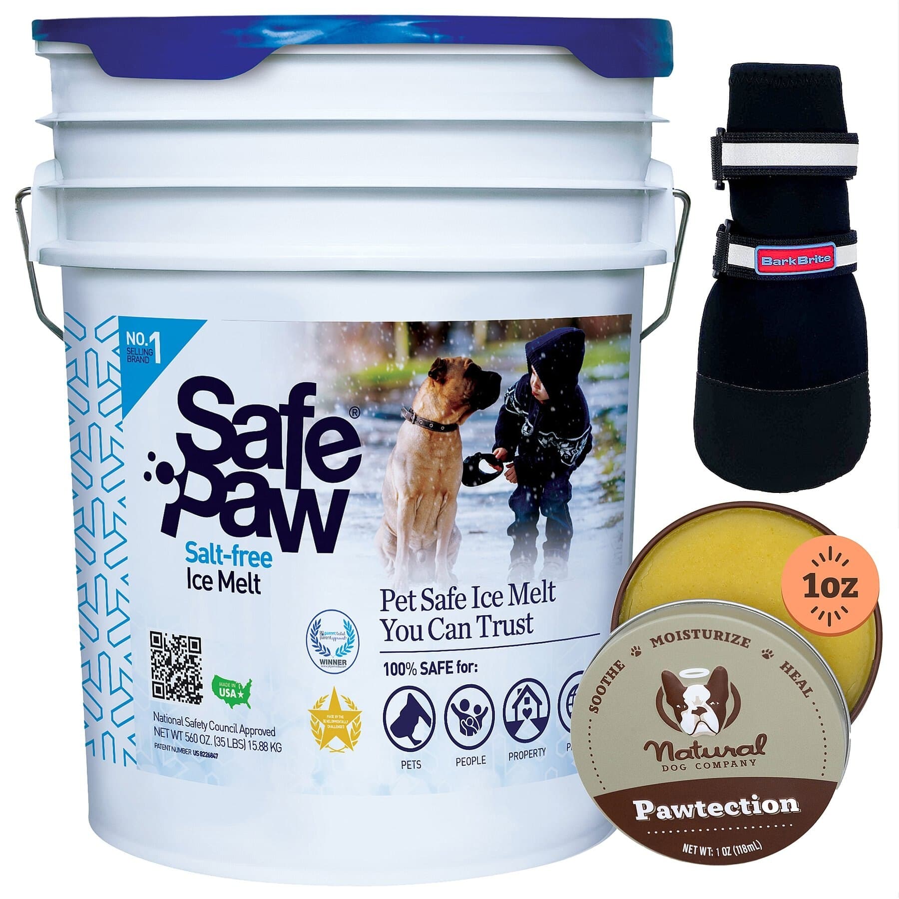 Bark Brite||Natural Dog Company||Safe Paw Winter Paw Protection Starter Kit – Safe Paw Ice Melt, Natural Dog Company Paw Protector Balm, Bark Brite Dog Boots, X-Large
