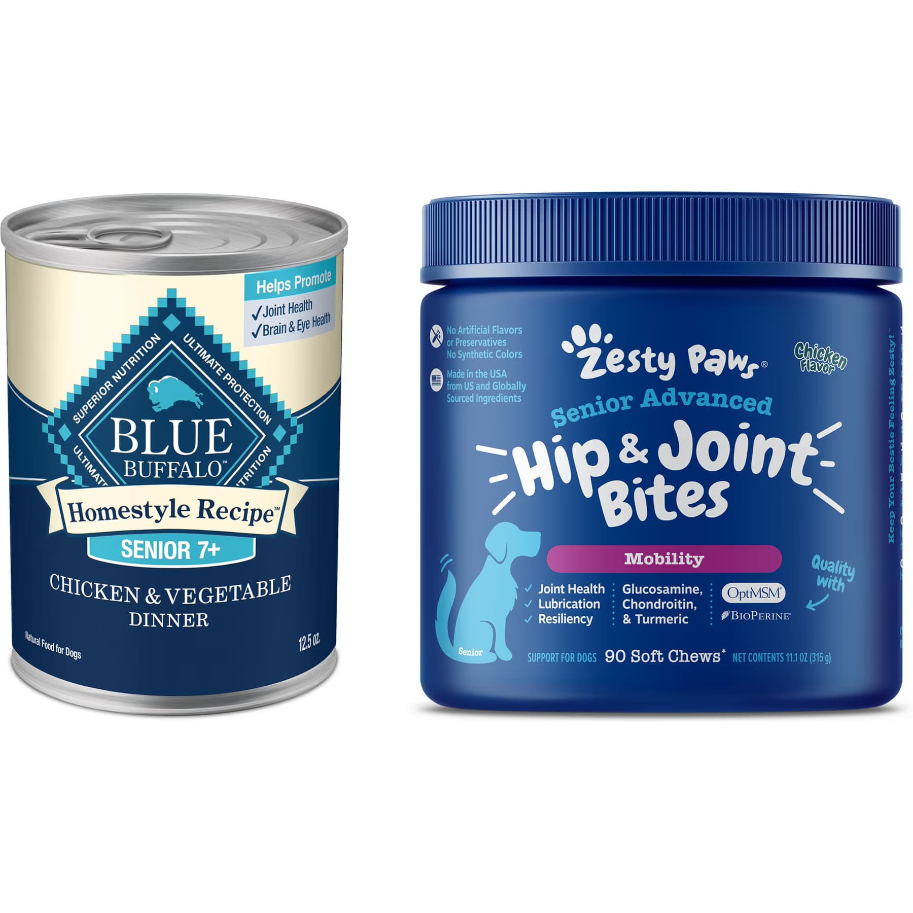 Blue Buffalo||Zesty Paws Zesty Paws Advanced Mobility Chicken Flavored Chews Joint Supplement + Blue Buffalo Homestyle Recipe Chicken Dinner with Garden Vegetables Canned Food for Senior Dogs