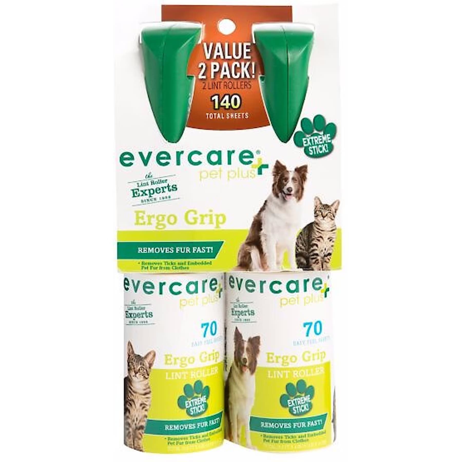 Evercare Pet Plus Evercare Pet Plus Extreme Stick Ergo Grip Pet Lint Roller, 70 sheets twin pack