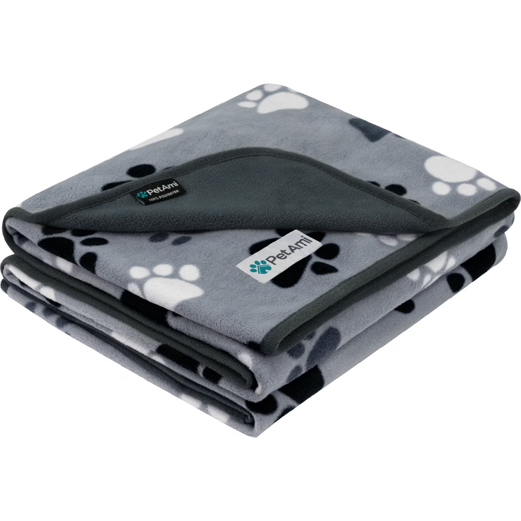 PetAmi Reversible Fleece Waterproof Cat & Dog Blanket, Paw Print Gray, X-Large — view 3